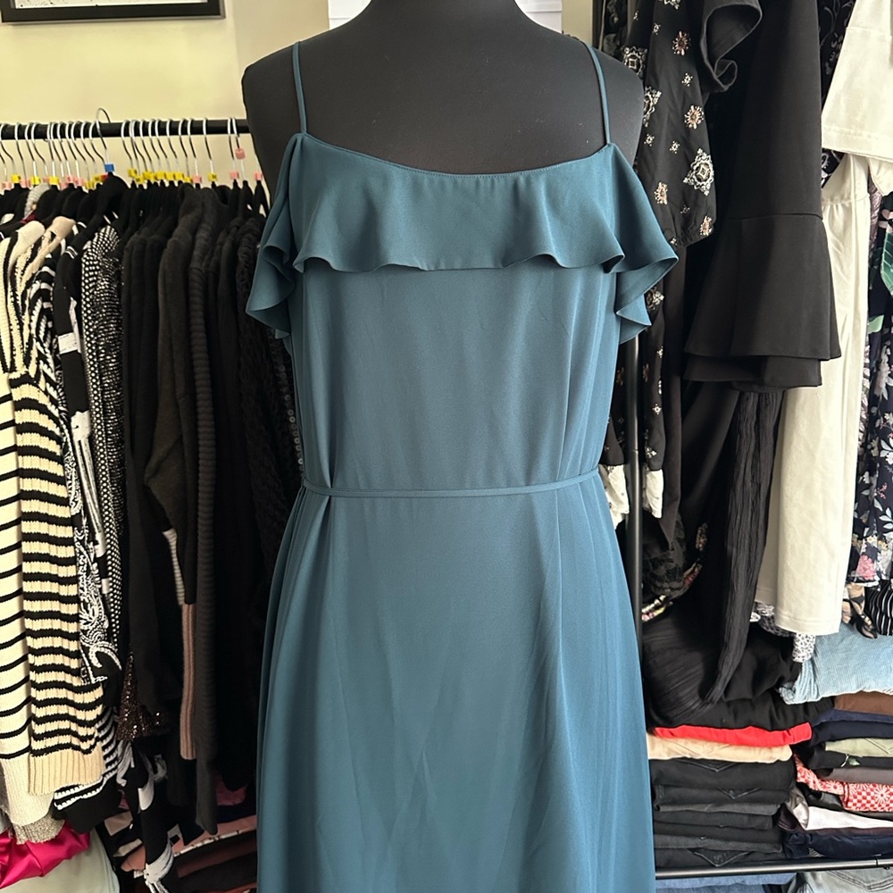 LOFT Blue Midi Dress with Ruffle Detail - Picture 3 of 12